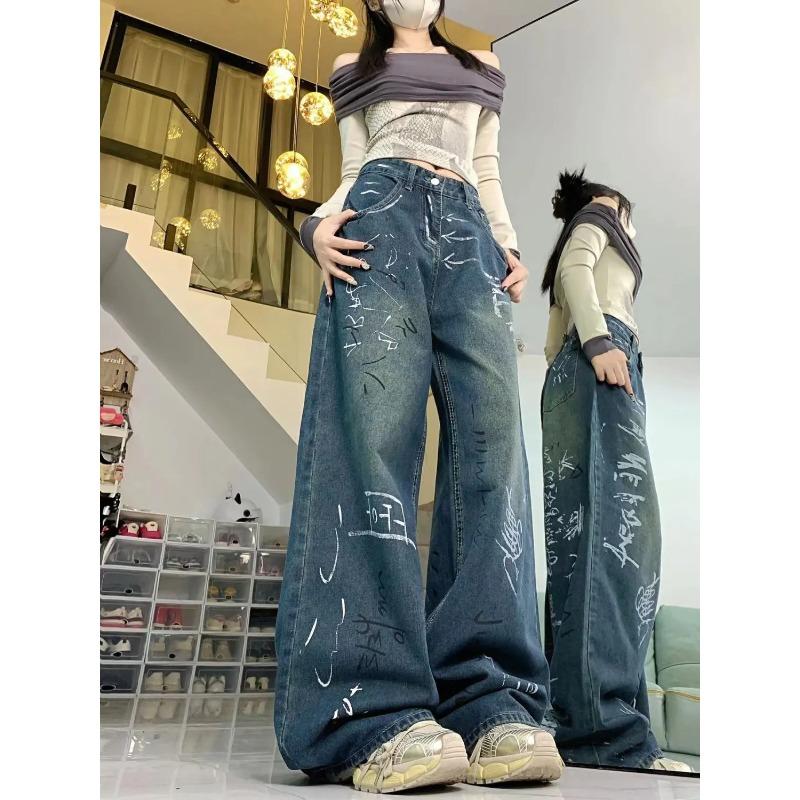 Americké Streetwear Graffiti Široké Džíny pro Ženy Podzim a Zima Trendy Značkový Design Vysoký Pas Rovné Podlahové Kalhoty