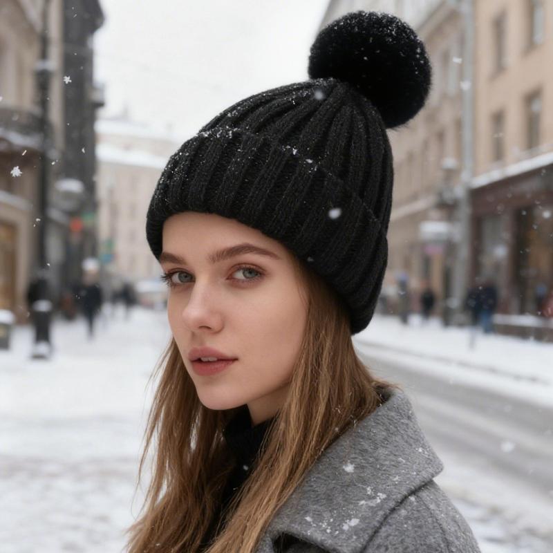 1pc Unisex Pom Pom Y2K Warm Breathable Fashionable Versatile Knit Hat with Added Fluff,Suitable for Outdoor Skiing Casual Wear