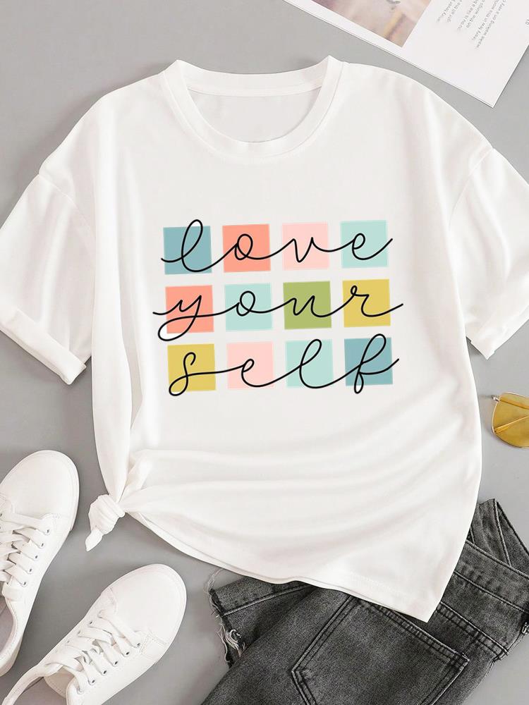 (Asian Size) T-shirts Fashion O-neck Female Casual Women's Top T Clothing Sweet Love Style 90s  Print Short Sleeve Graphic Tee