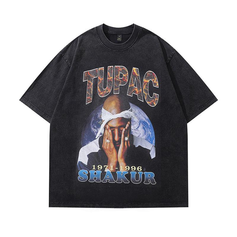 American Retro Trendy Brand Hip-Hop Portrait Print Washed Old Short-Sleeved T-Shirt Men'S And Women'S Vintage Half-Sleeved Top