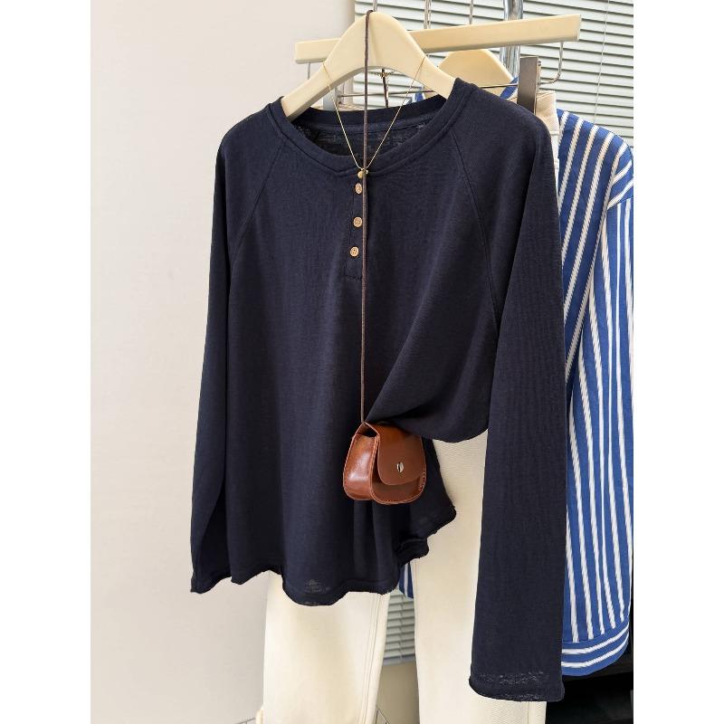 

Wind round neck button design long-sleeved T-shirt women s season loose solid color bottoming shirt top XL тёмно-синий