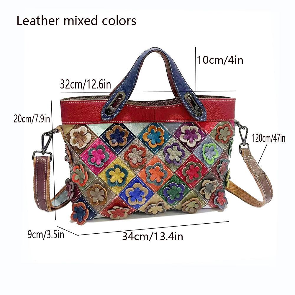 Fashion Leather Women'S Bags Handmade Flower Splicing Cowhide Plaid Bag Portable Messenger Bag Color Matching Flower Bag