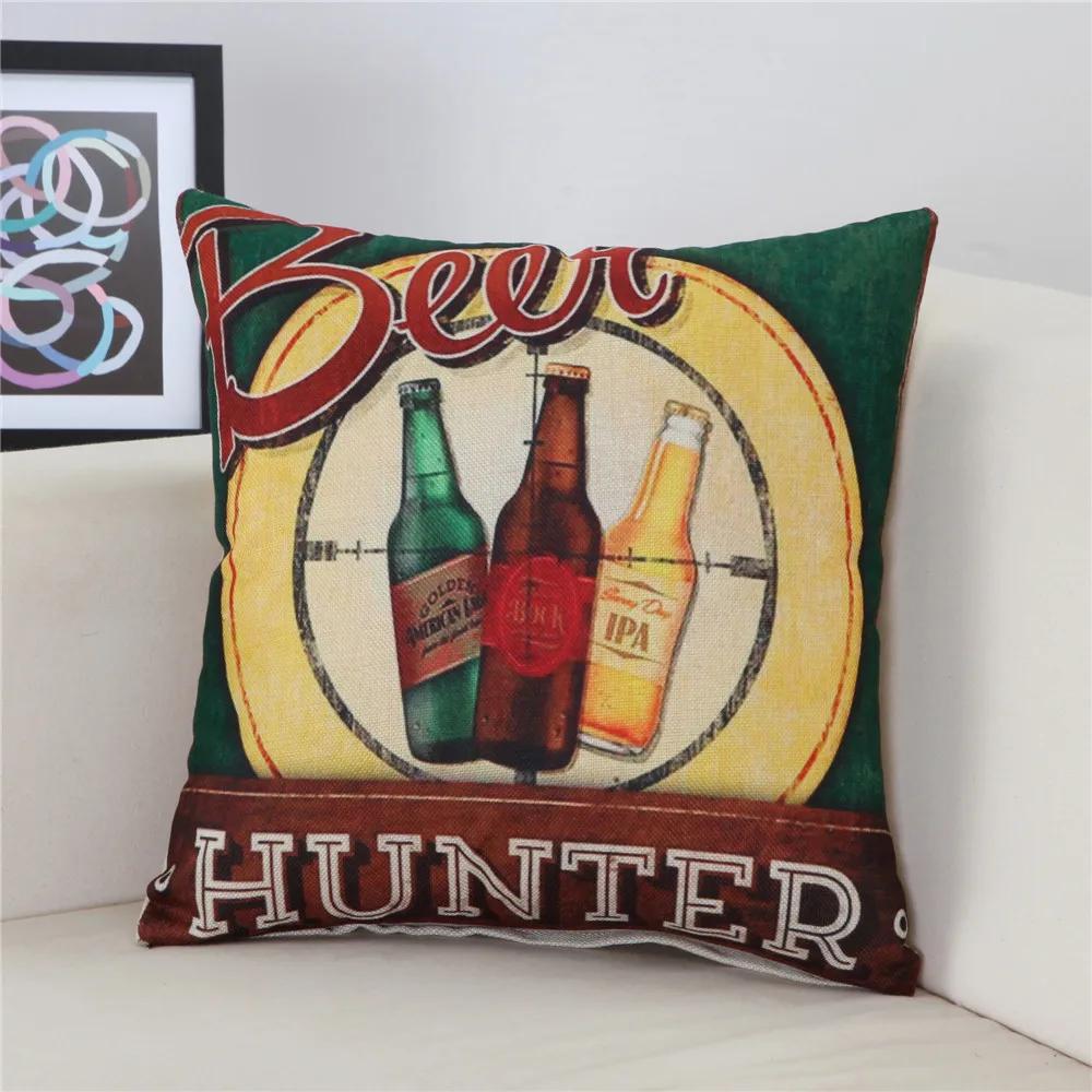 45x45cm Vintage Beer Printed Cushion Cover Bar Coffee Shop Wine Party Sofa Chair Decor Cotton Linen Pillow Case