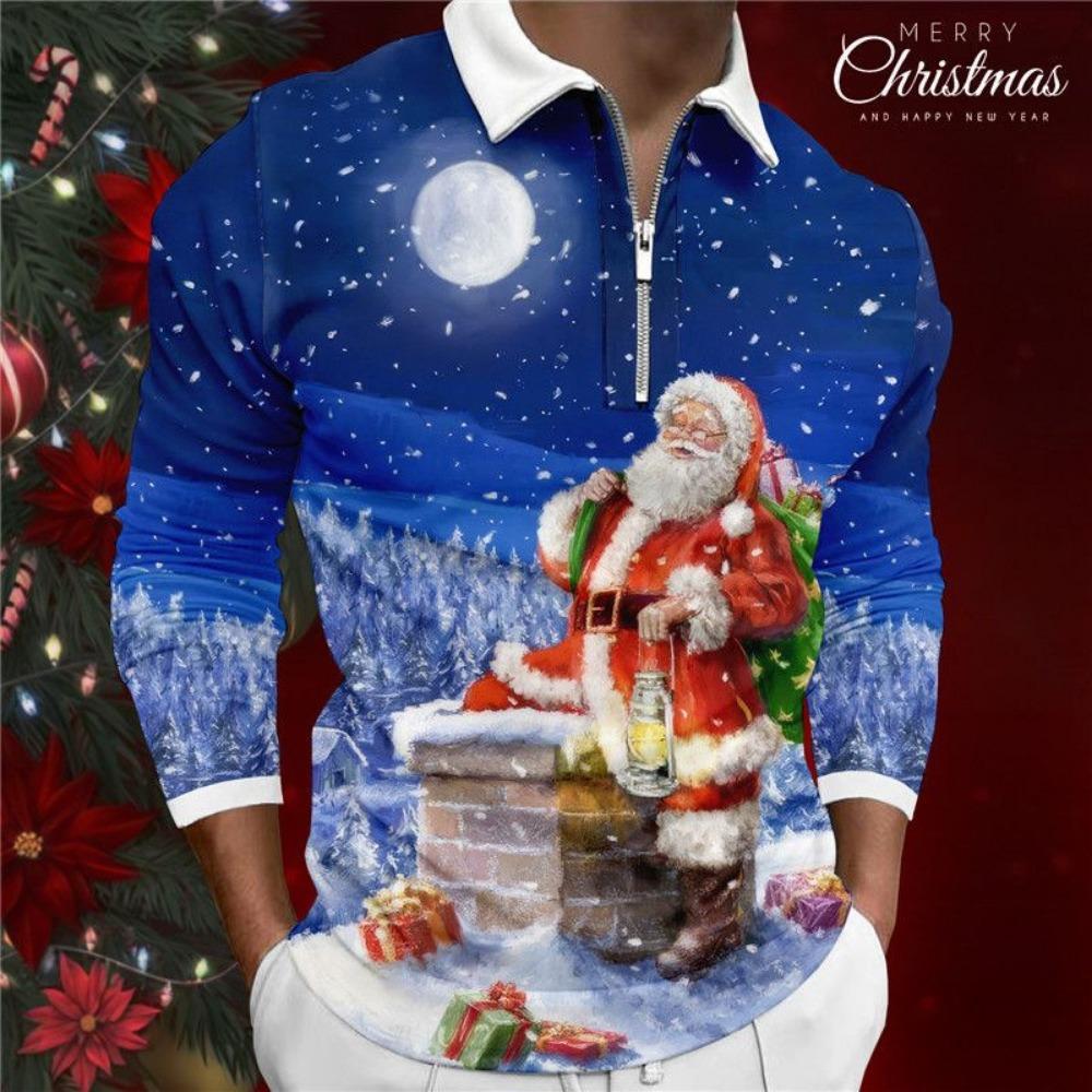 Father Christmas cartoon pattern digital 3D printing polo shirt large size loose men's zip lapel shirt