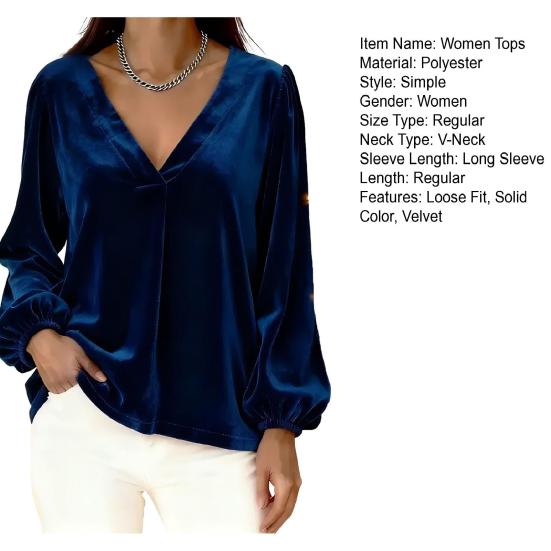 Women Tops V Neck Lantern Long Sleeve Solid Color Casual Tops Loose