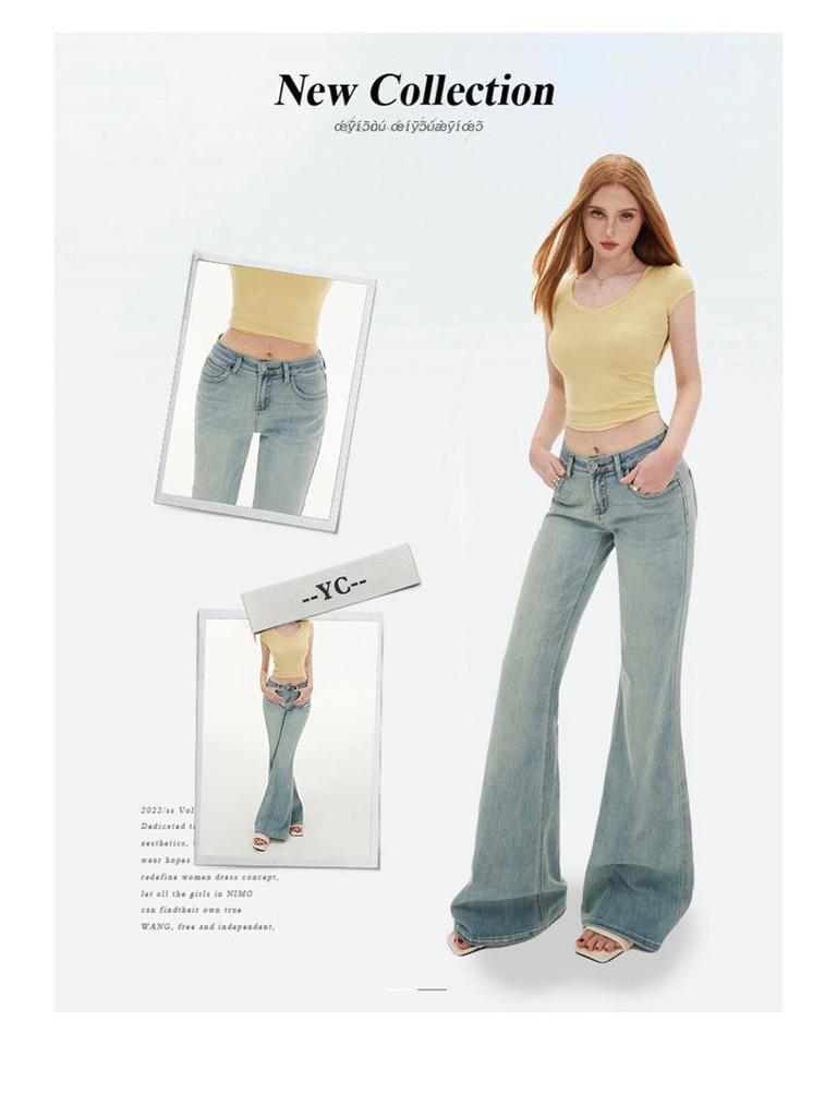 Women's Light Blue Micro-Flared Low-Waist Jeans: New for Spring & Autumn 2025, Slim Fit, Elastic, Spicy Girl Style
