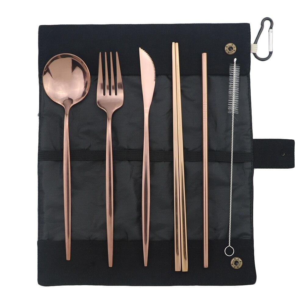 Rose Storage Bag Portable Dinnerware Set Stainless Steel Set Knife Fork Spoon Chopsticks Straw Travel Camping BBQ Dinnerware Set