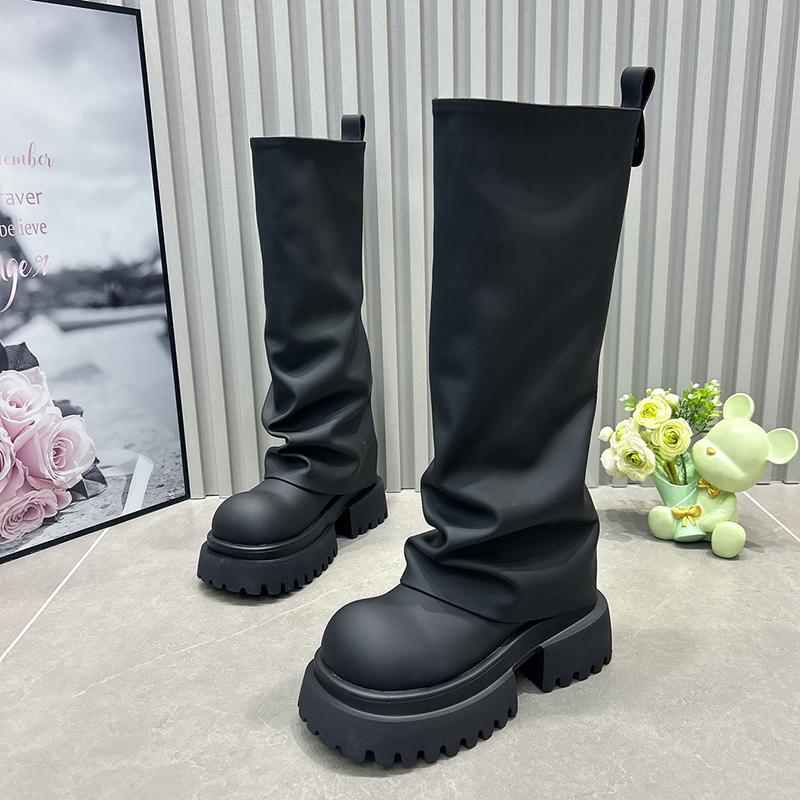 Punta Redonda Plataforma Gruesa Moda Caballero Mujer Slip-on Aumento de Altura Botines Largos Femeninos para Mujeres Adultas