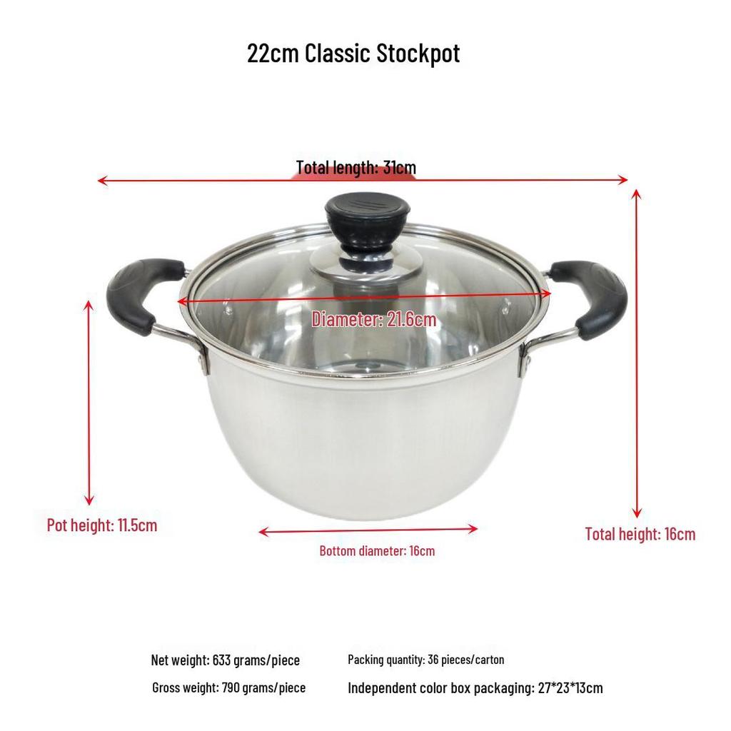 Klassischer 16-26 cm nicht-magnetischer Edelstahl-Doppelohr-Suppentopf zum Kochen von Milch, Nudeln und Suppe.