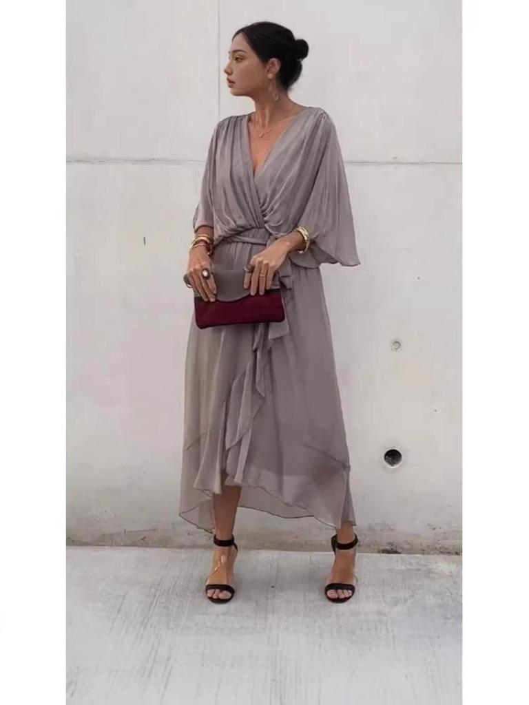 2026 European Women's Lace-up Batwing Sleeve Long Dress, Plus Size, Solid Color, Irregular Hem
