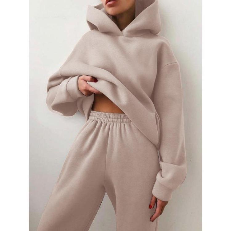 Elegant Women Two Piece Sets Warm Hoodie Sweatshirt And Long Pant Fashion Solid Suits For Ladies