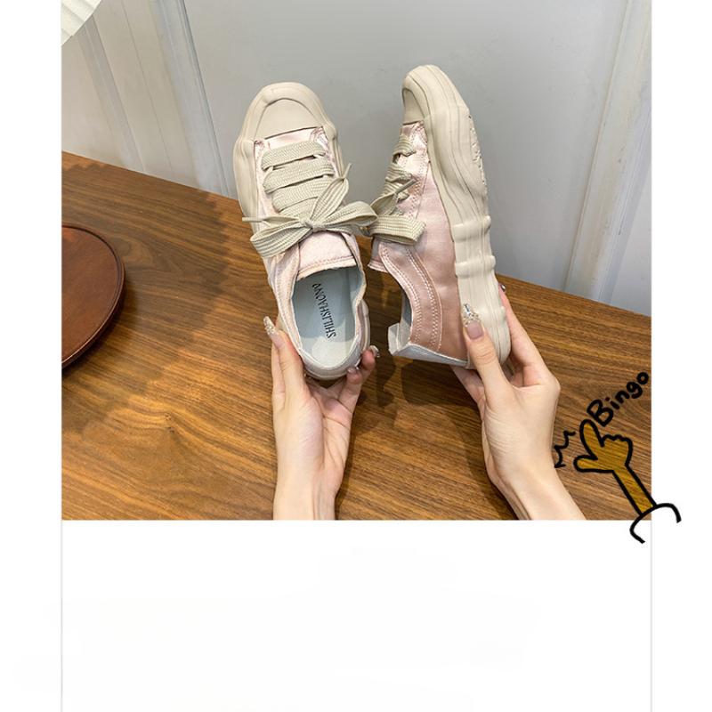 Nové prodyšné retro plátěné boty pro ženy, hedvábný satén, kulatá špička, na šněrování, silná podrážka, neformální dámské boty