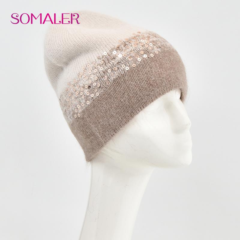 SOMALER Winter Hats for Women Warm Angora Wool Knitted Hat Fashion Sequin Beanie Hat Thick Long Rabbit Fur Hair  Skull Cap Bonnet