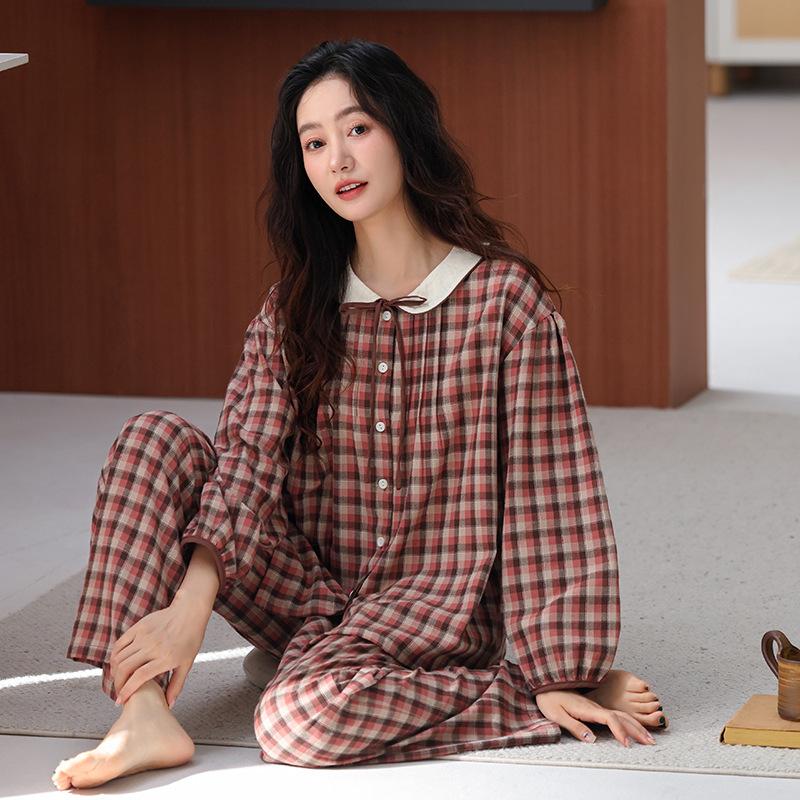Woven cotton gauze pajamas women's spring and autumn pure cotton long-sleeved women's spring and summer cotton thickened loungewear set