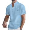 Men's White Linen Blend Henley Neck Short Sleeve Shirt with Chest Pocket