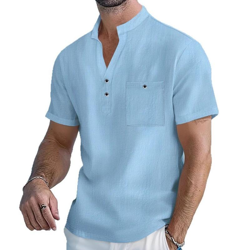 Men's White Linen Blend Henley Neck Short Sleeve Shirt with Chest Pocket