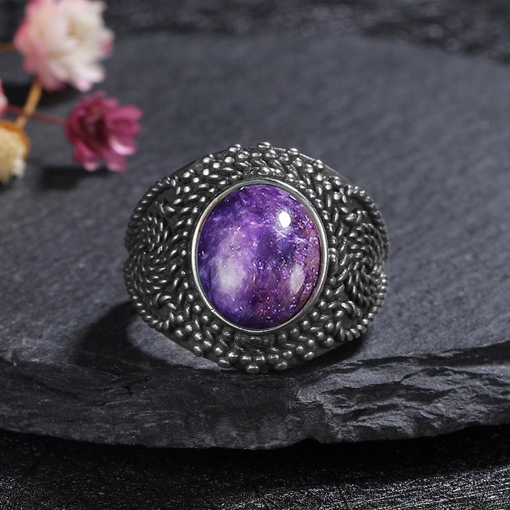 Natural CopperRings Charoite Bead Gemstone Rings for Women Wedding Bands Anniversary Party Gifts Fine Jewelry