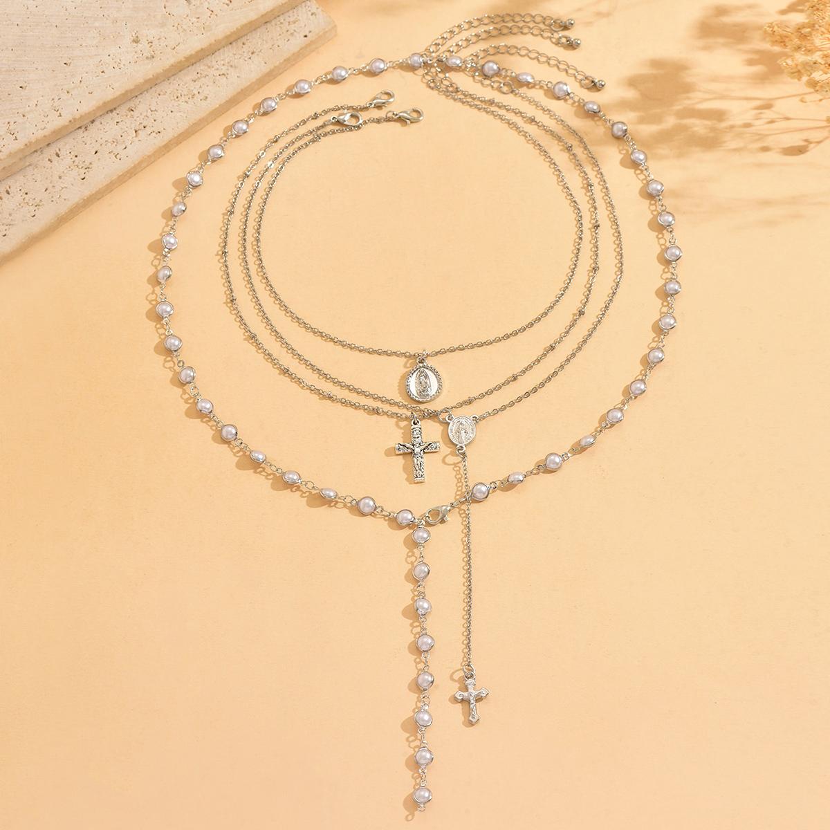 Layered Rosary Cross Necklace Vintage Gold Silver Mary Pendant Pearl Beaded Y Lariat Jewelry Gift for Women