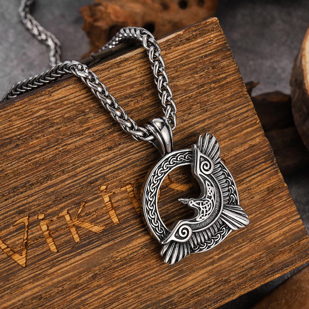 Nordic Viking Stainless Steel Engraved Raven Pendant New European & American Style Titanium Steel Men's Necklace Acces