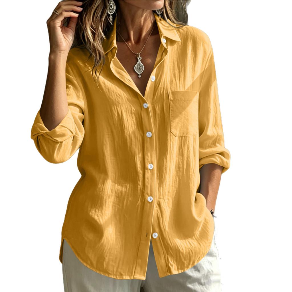 Damen Langarm Button-Down-Hemd Leinen Baumwolle Freizeit Reverskragen Tasche Leicht Schlanke Passform Oberteil