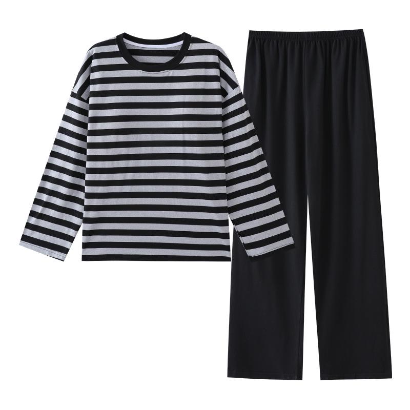 Pyjama d'automne pour femme à col rond rayé à manches longues avec coussinets de poitrine - Ensemble décontracté grande taille pour la maison et l'extérieur