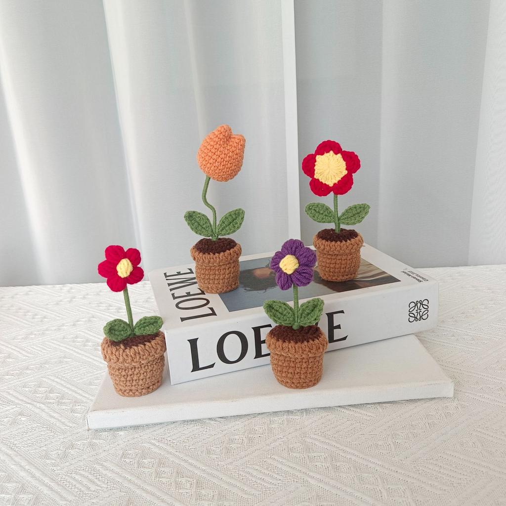 Sunflower Crochet Flowers Hand-knitted Flower Potted Rose Tulip Woven Bouquets Wedding Birthday Valentine's Day Gift Room Decor