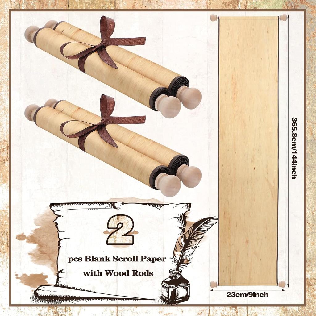 Epakh 2 Pack Blank Paper Scrolls 9 x 144 Inches Wrapped on Wood Rod for Writing, Drawing, Calligraphy, Wedding Vows, Cosplay Prop, Renaissance