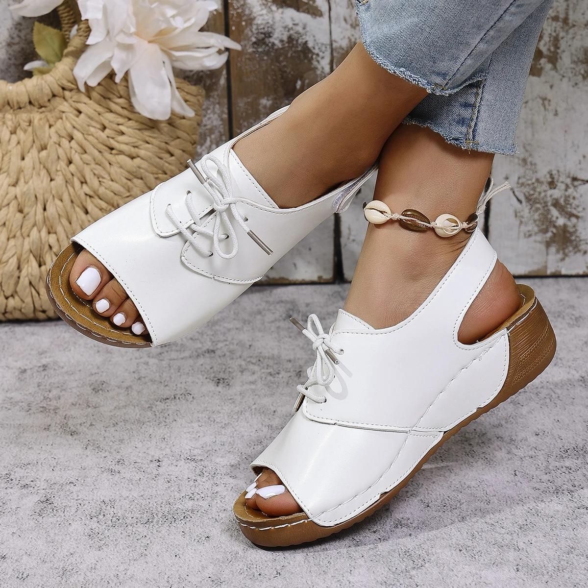 

New Women s Med Heels Platform Sandals Lace Up Summer Peep Toe Casual Clogs Shoes Woman Leather Wedges Roman Sandalias Mujer 36 білий