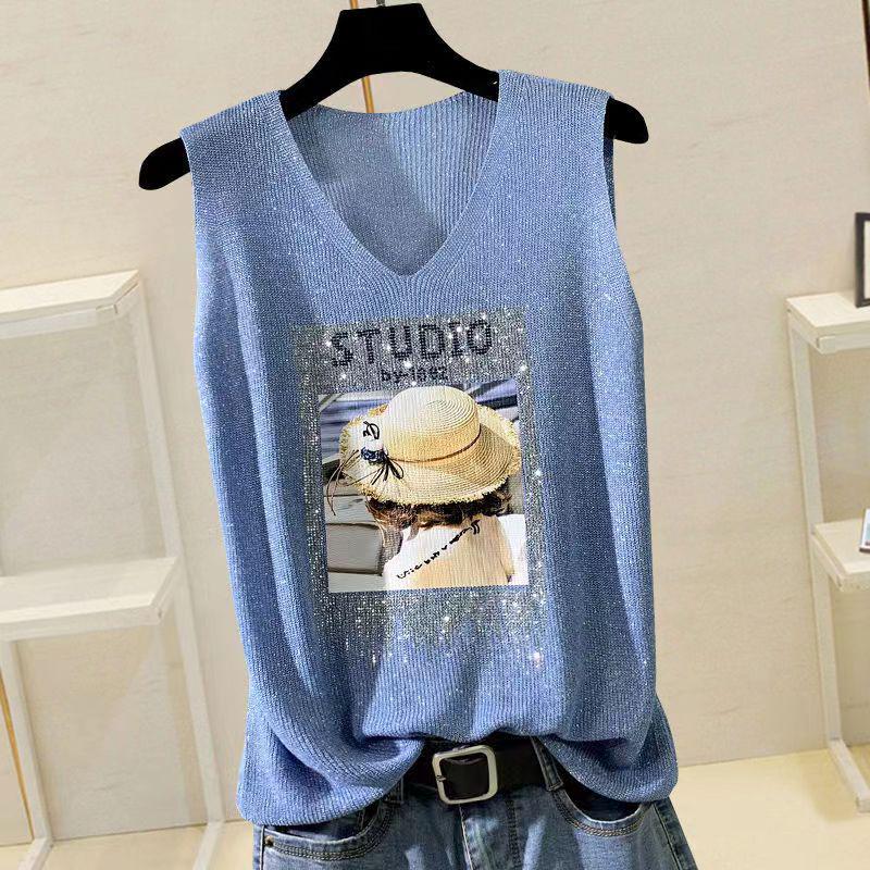 2023 Shiny Silk Sleeveless V-Neck Women's Vest - Spring/Summer New Style, Loose Fit with Hot Diamond Sling Knitted Design