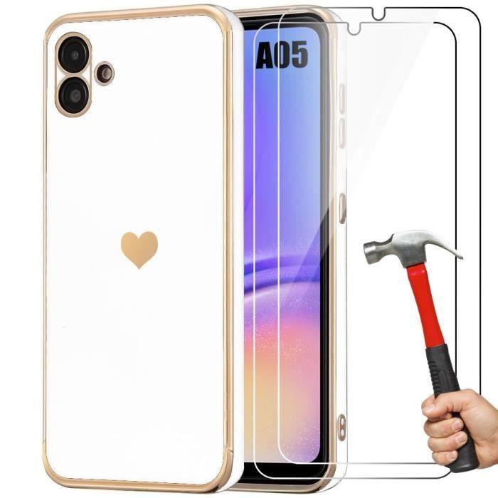 Coque + verres trempés - samsung - galaxy a05 - antichoc - silicone - motif cœur plaqué or