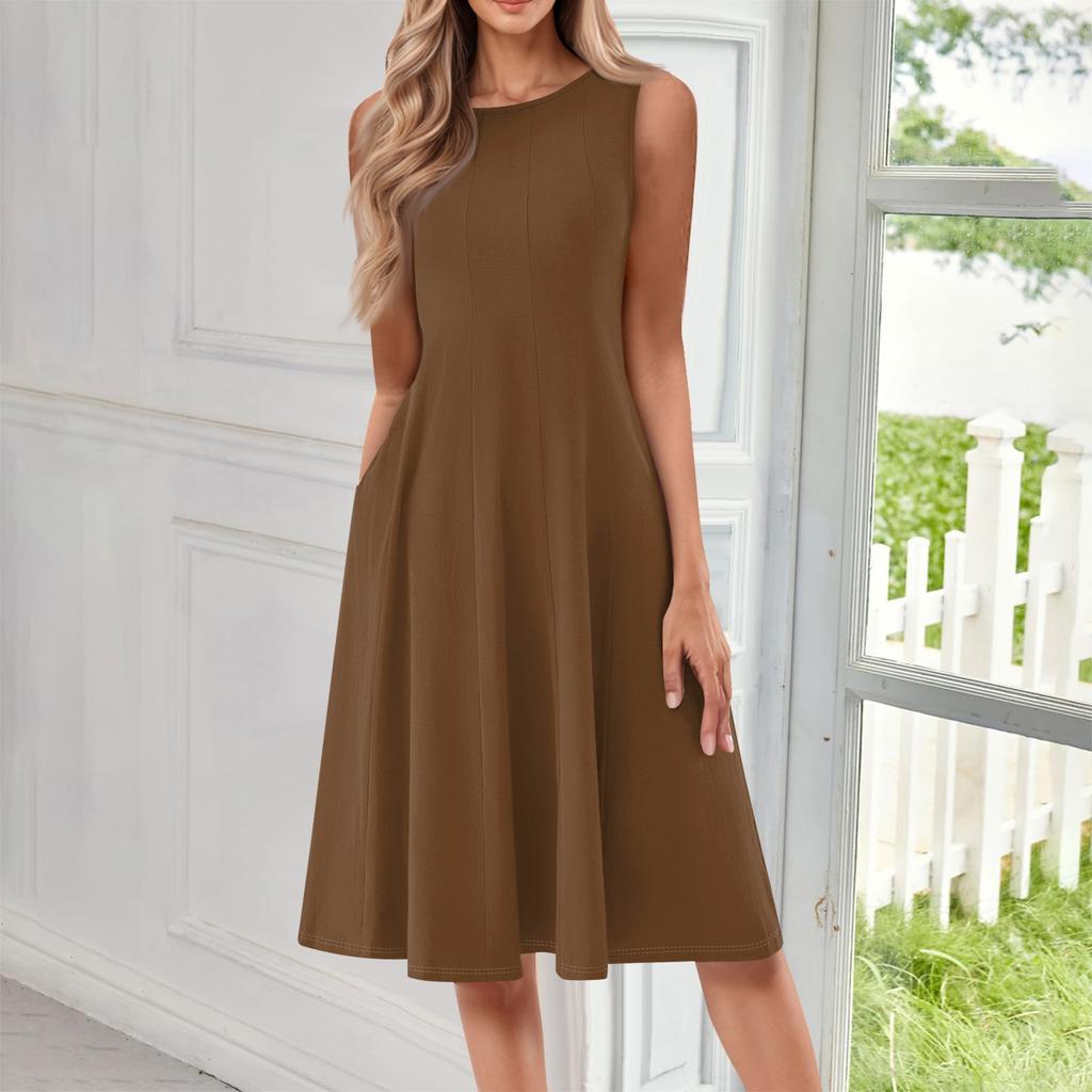 Women's Fashionable Round Neck Sleeveless Solid Color Casual Pullover Mid Length Dress