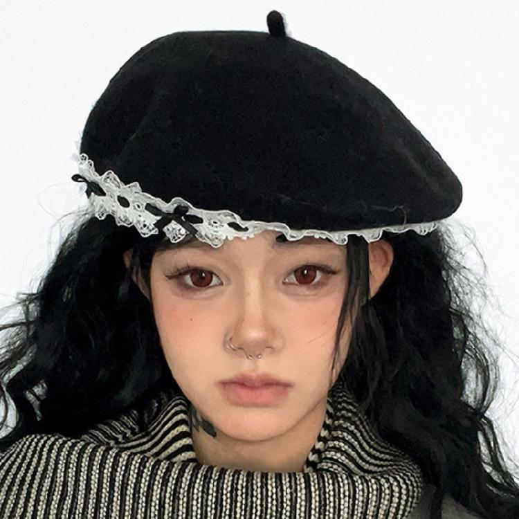 Lace Bows Cabbie Hat for Women Hat Dark Lace Vintage Cabbie Caps Unisex Headwear Autumn Winter Hat for Daily Wear