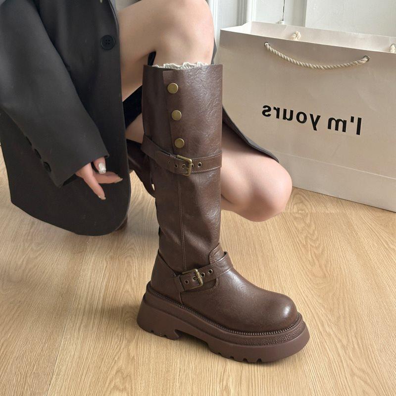 Lange Stiefel Damen Ritterstiefel hoch Herbst und Winter dünne lange Stiefel dicke Sohle 2025 neu retro schwarz dicker Absatz britischer Stil