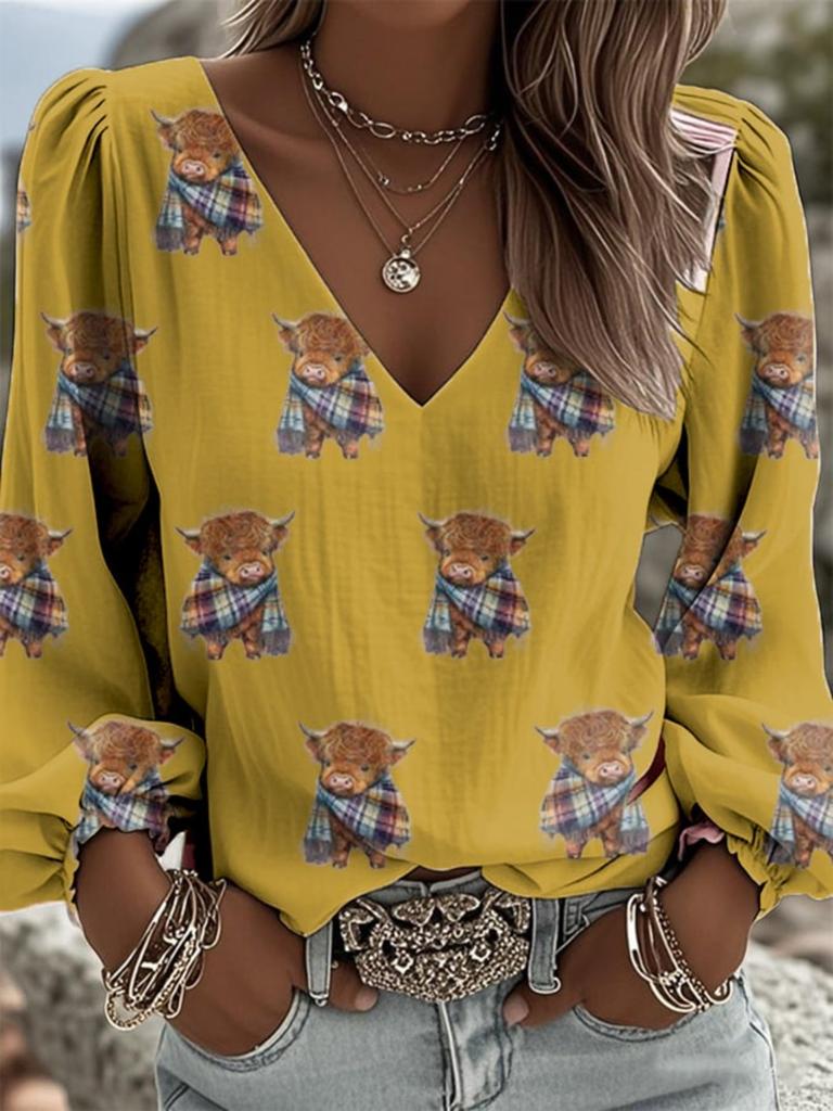 Retro Ethnic V-neck Women's Long-sleeved Top with Lantern Sleeves Featuring Totem Print In Bohemian Style, Suitable for All Season