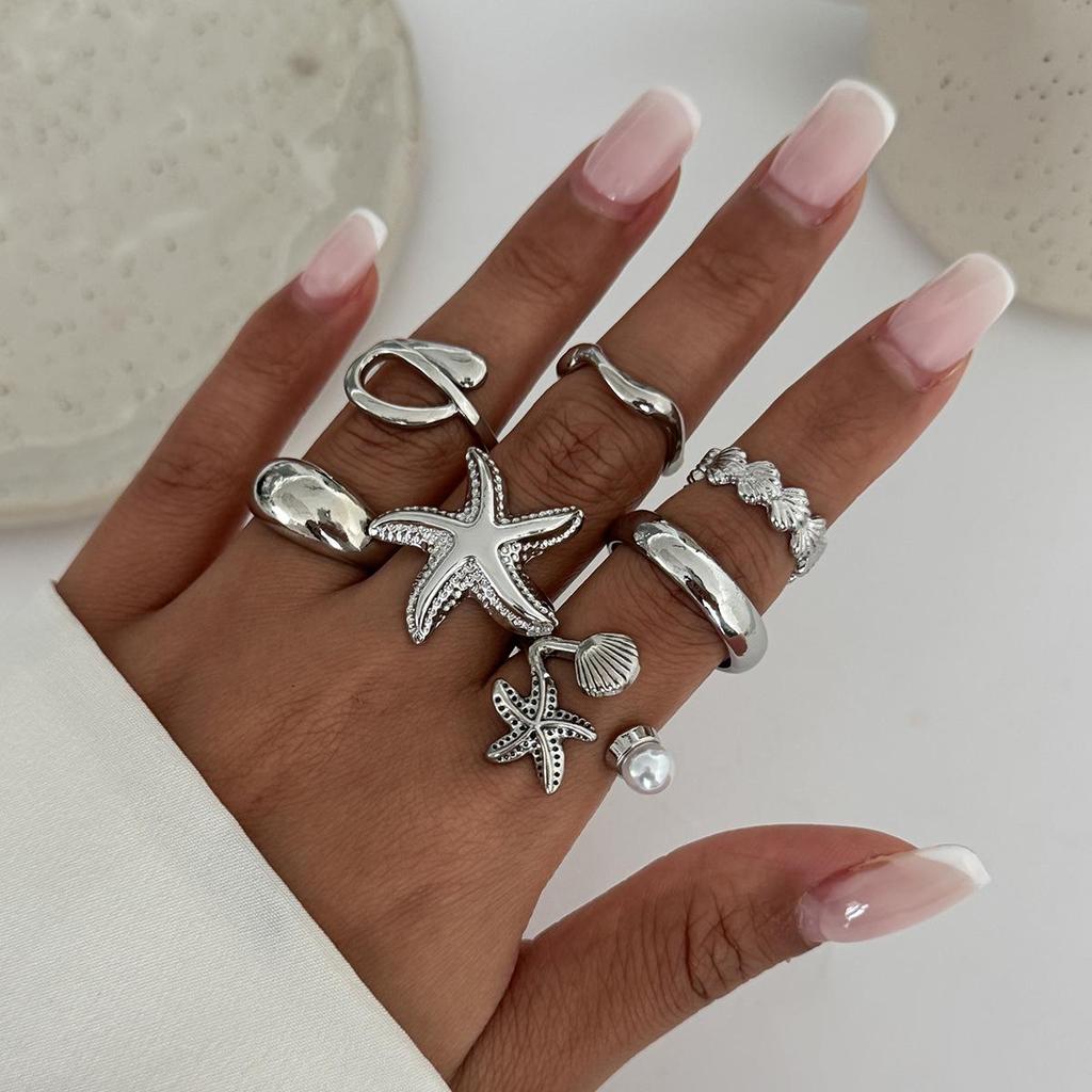 European & American Starfish Metal Rings: 6-Piece Holiday Set with Star and Scallop Designs for Women