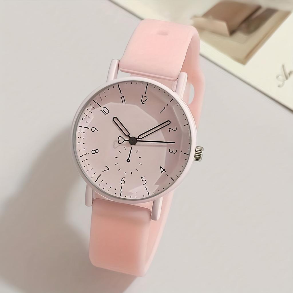 Relógio de Quartzo Feminino Elegante Minimalista com Pulseira de Silicone Rosa, Mostrador Redondo Fofo com Números Arábicos de Fácil Leitura, Relógio para o Dia a Dia
