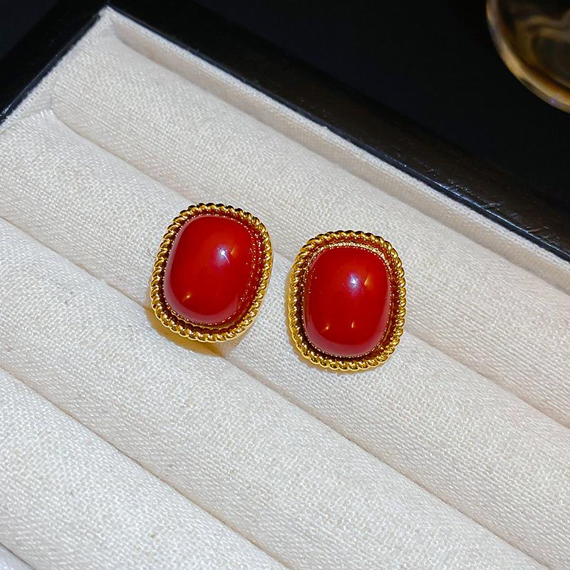 Red Bow Coin Purse Earrings: Silver Needle Retro Snake Lock Studs, New Year High-End Ear Jewelry.