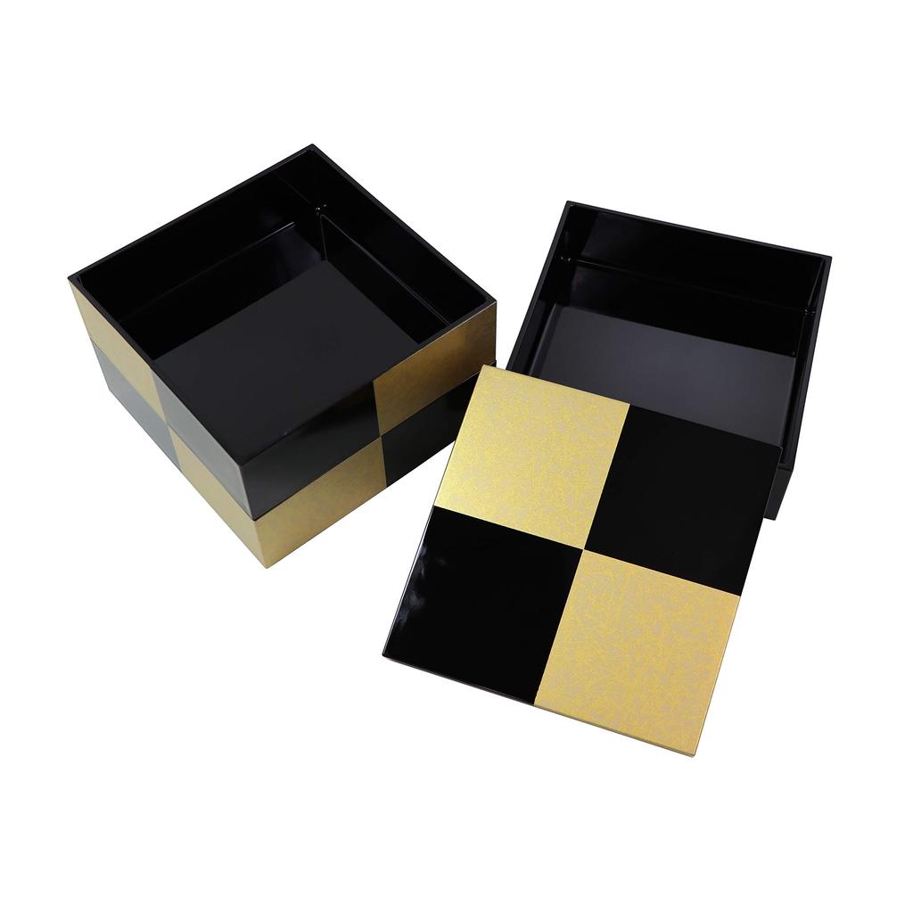 Osaka Choseido Checkered Gold Jubako Box with Yamanaka Original Cooler Bonus Perfect for Sports Days and New Black 3-Tiered Lacquer, Bag, Included,