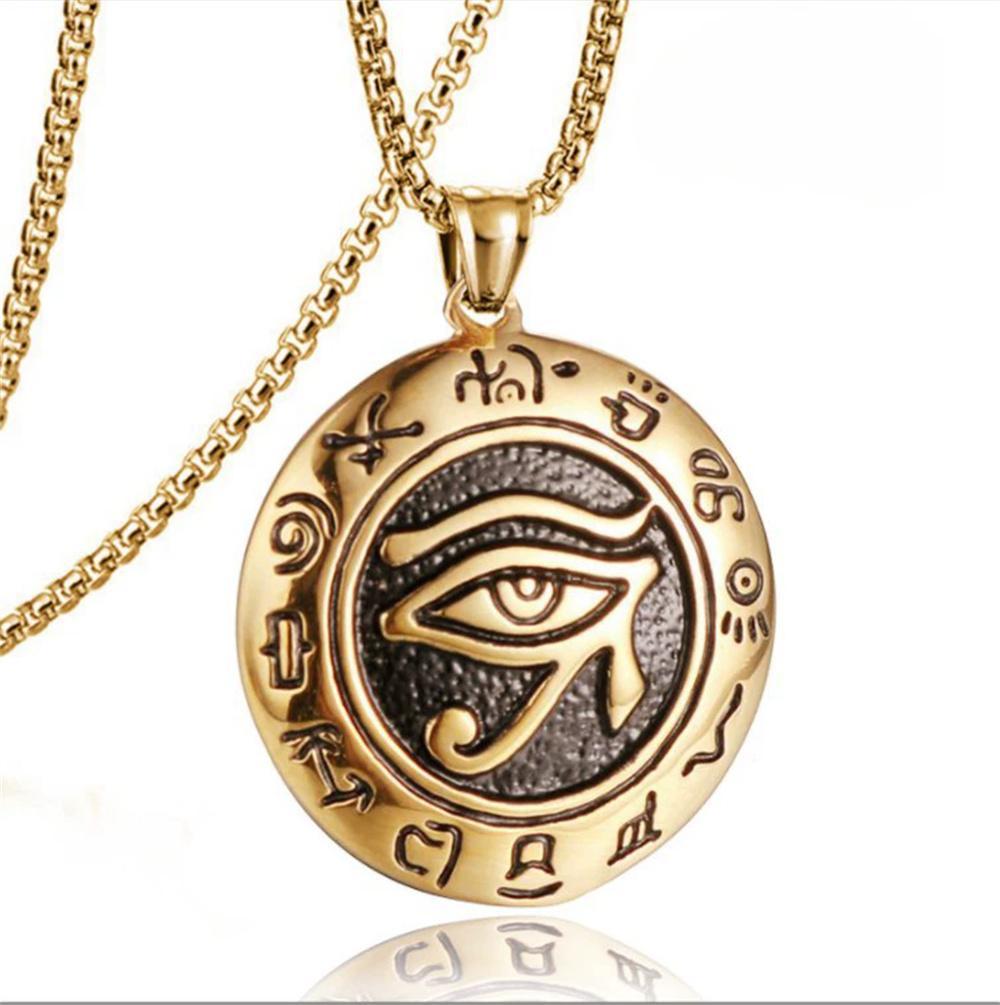 Ancient Egypt The Eye of Horus Pendant Gold Male Color Stainless Steel Zircon Round Necklace for Men Egyptian Jewelry Gift