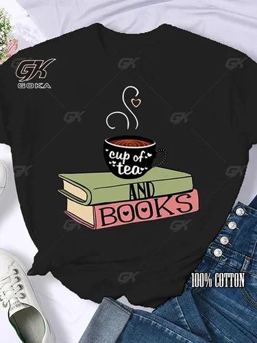 Coffee Books Brown Books American Retro Cotton T Shirt Woman Round Neck Half Sleeve T-shirts Printed Tops Woman Oversized Tees