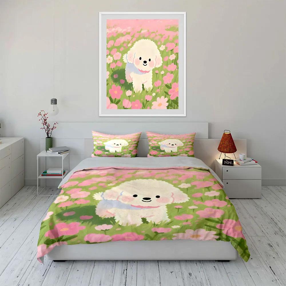 Cute Puppy Floral Decor Set Soft Comfortable Duvet Cover Bedding Set Included 1*Duvet Cover & 2*Pillowcases Gift