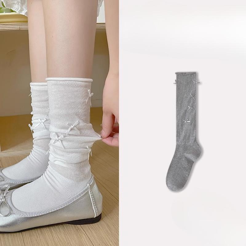 Female Spring and Autumn Sweet Bow Mesh Stitching Show Skinny Leg Pile Socks