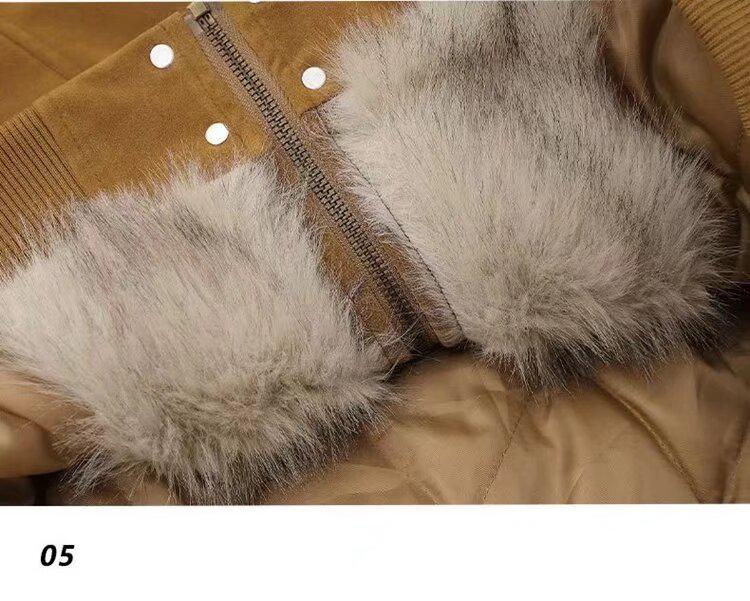 Men's New American Retro Patchwork Leather Fur Collar Cotton Motorcycle Jacket - Thickened for Warmth