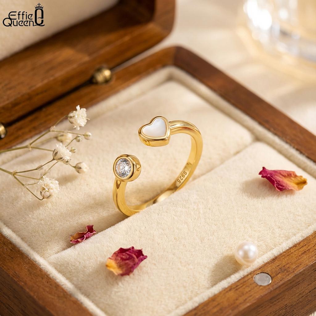 Effie Queen 925 Pure Silver 14k Gold Heart Shaped Ring Romantic Jewelry Finger Ring for Women Wedding Party Banquet Gift SR339