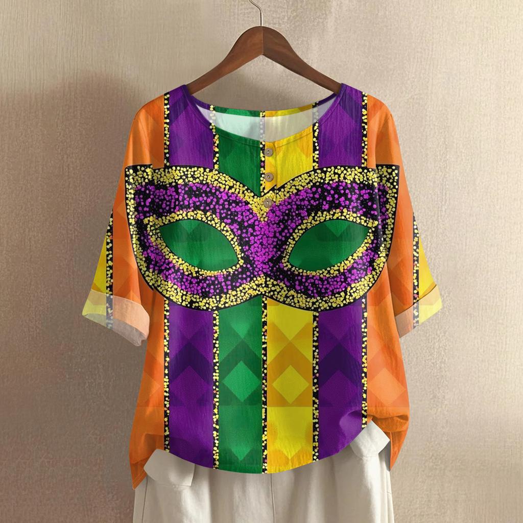 Women's Carnival Printed Casual Mid Sleeve Round Neck Cotton And Hemp Top