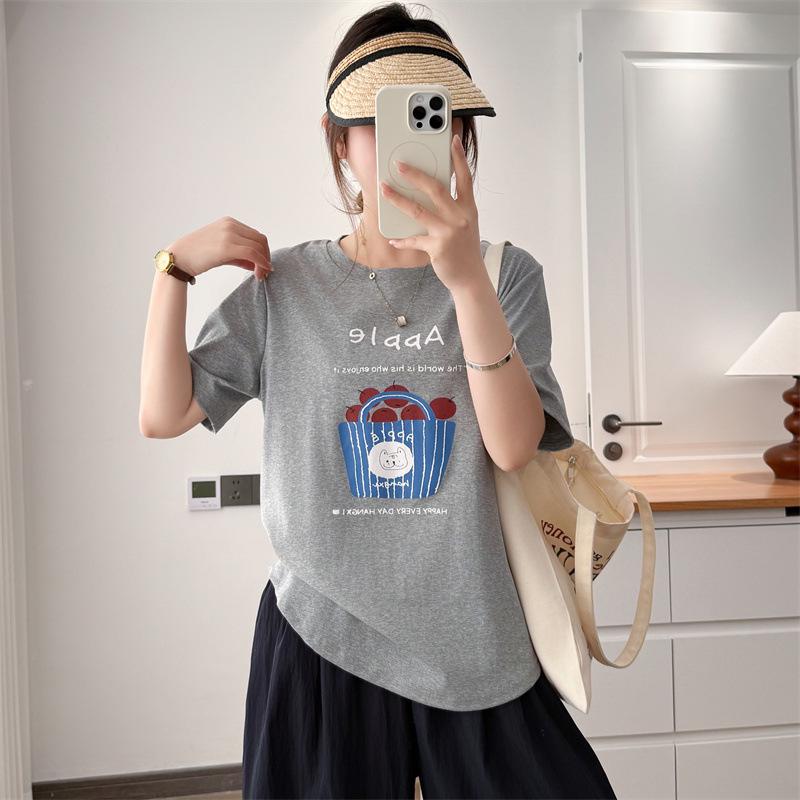 

2026 Plus Size Women s Cartoon Print Round Neck Casual Cotton T-shirt 2XL сірий колір