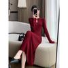 Red Knitted Improved Cheongsam Dress Autumn and Winter New Slim and Thin Banquet New Dress
