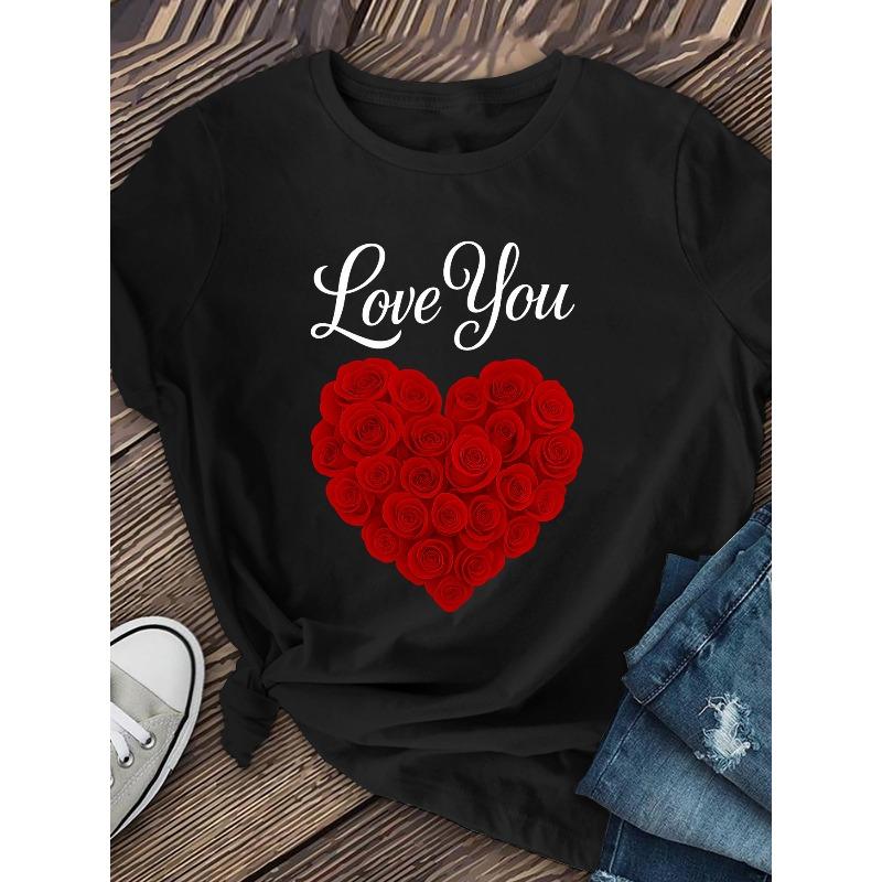 European Size Women'S Love You Rose Heart Print T-Shirt - Soft Breathable Fabric,Casual Round Neck Short Sleeve Top, Spring Summer Fall Casual Attire