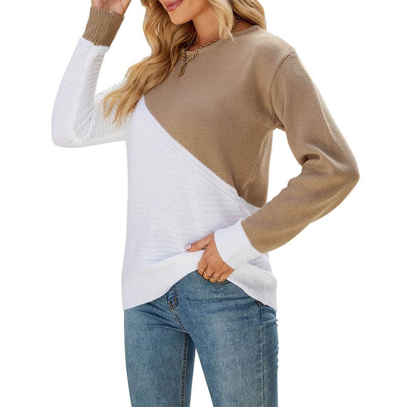 European and American Autumn New Sweaters Women's Loose Contrasting Color Splicing Round Neck Long-sleeved Pullover Knitted Sweater