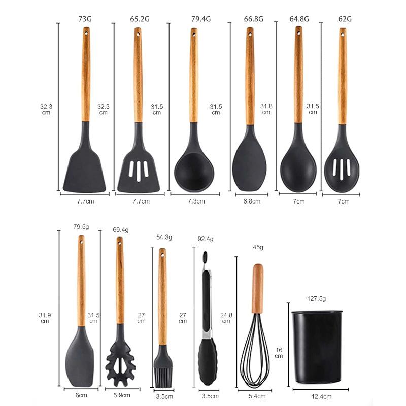 Cooking non-stick pan with storage bucket Silicone kitchen utensils set Silicone spatula spoon 12-piece set Wooden handle kitchen utensils set Cooking